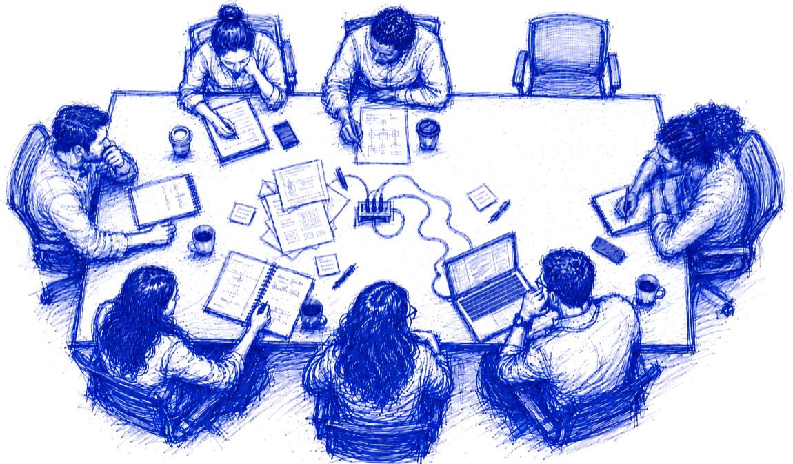 Vista de cima de uma reunião de trabalho com uma cadeira vazia (sketch do ensaio)